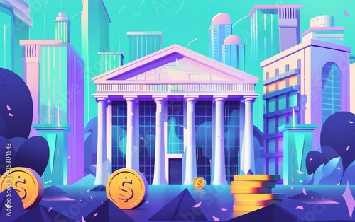 Financial system markets flat design front view economic activity theme cartoon drawing Triadic Color Scheme