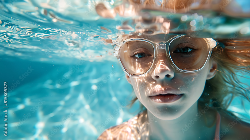 Naklejka premium Portrait underwater woman swimming, face of young girl under blue water, summer swimming in pool, Close-up underwater woman swimming