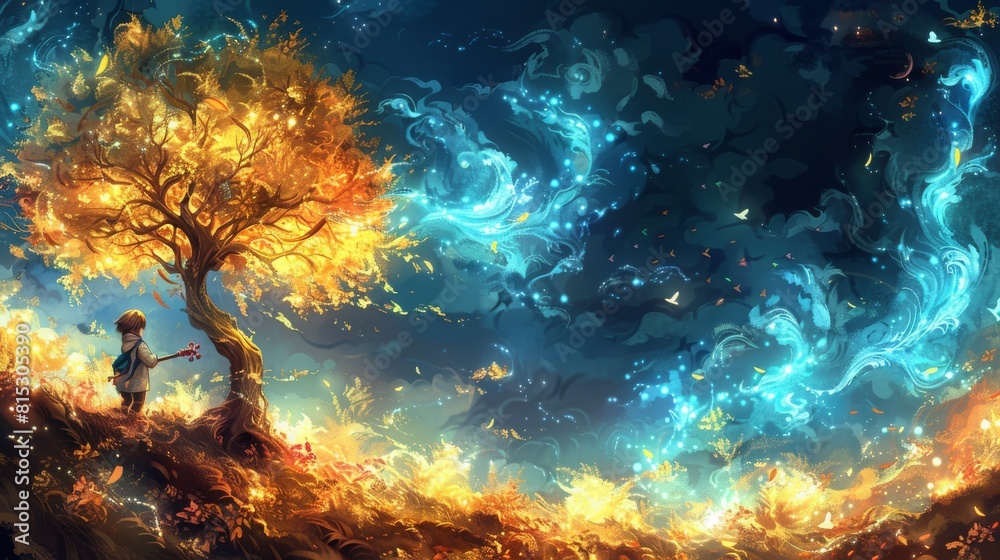 Digital art moon with the scenery digital art colorful sky view, concept of fantasy of silhouette two people with aurora view in the sky Digital art moon with the scenery digital art colorful sky view, concept of fantasy of silhouette two people with aurora view in the sky
