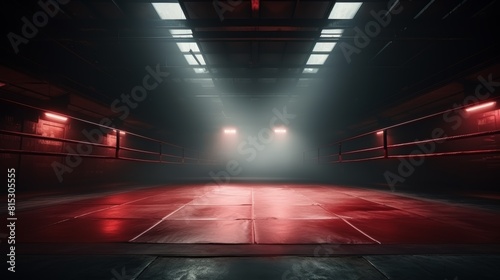 The photo shows a dark and empty boxing ring. The red and blue lights are on, and the smoke is rising from the floor. photo