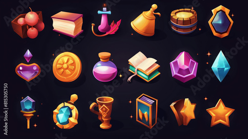 Set of slot game icons on dark background  Illustration