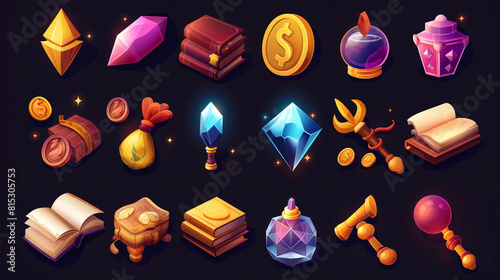 Set of slot game icons on dark background, Illustration