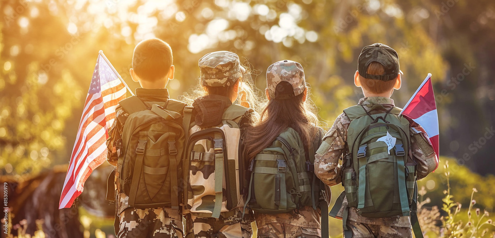 Fototapeta premium Kids in Army gear holding flags on a bright Memorial Day, back view.