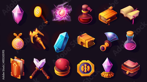 Set of slot game icons on dark background, Illustration