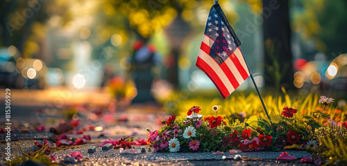 Memorial Day flag at a veteran's grave in an urban memorial, city tribute. photo