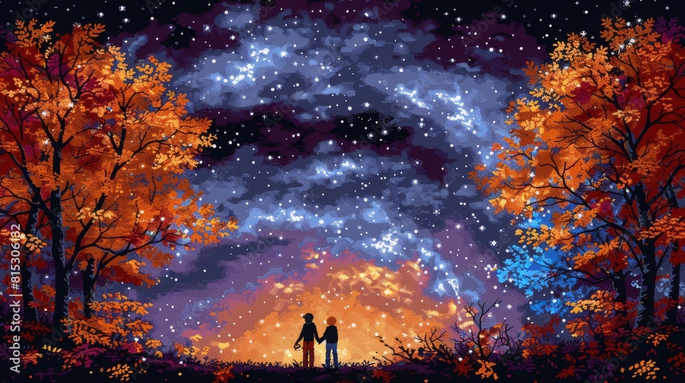 Digital art moon with the scenery digital art colorful sky view, concept of fantasy of silhouette two people with aurora view in the sky 
