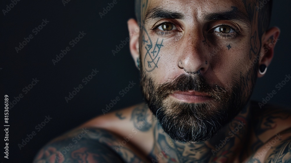 Portrait of a person with tattoos adorning their skin, each design telling a unique story.