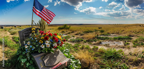 Broad panorama of a Memorial Day flag and floral tribute at a veteran's grave. photo