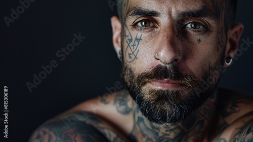 Portrait of a person with tattoos adorning their skin, each design telling a unique story.