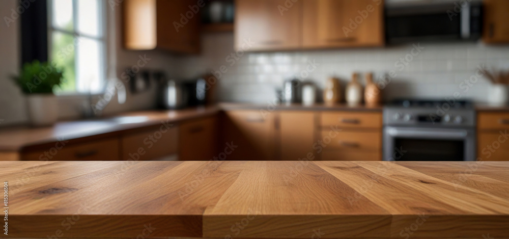 Woodden table top on blurred kitchen background, Empty kitchen table for display or menu design Woodden table top on blurred kitchen background, Empty kitchen table for display or menu design