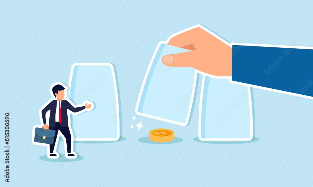 Gambling risk, win the guess game or predict the investment outcome, concept of Businessman pointing to the right cup, revealing dollar coin profit Gambling risk, win the guess game or predict the investment outcome, concept of Businessman pointing to the right cup, revealing dollar coin profit