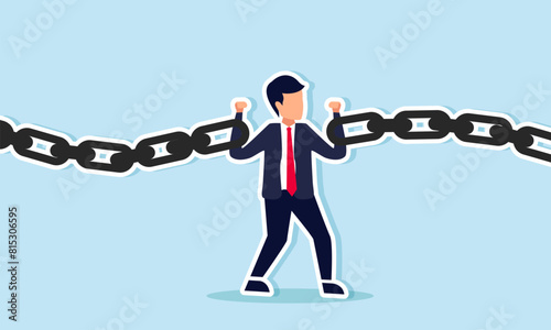 Business risk, danger, vulnerability, or conflict causing failure in investment, concept of Tired businessman struggling to hold broken chain together with low energy