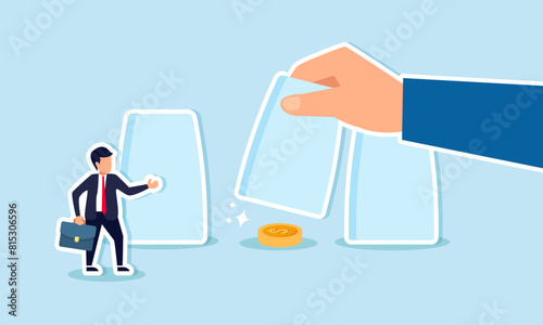 Gambling risk, win the guess game or predict the investment outcome, concept of Businessman pointing to the right cup, revealing dollar coin profit