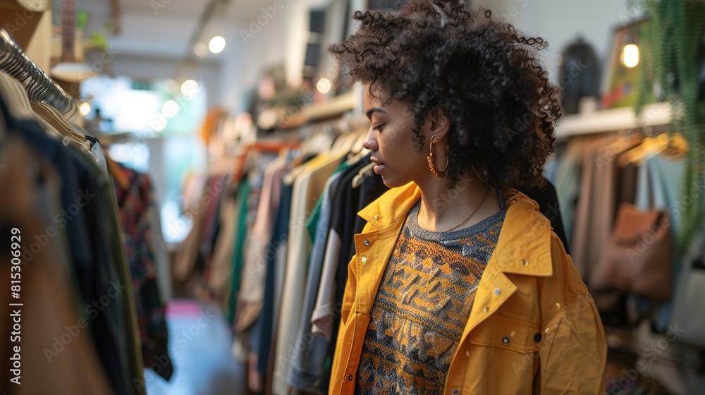 A busy boutique's patrons peruse fashionable clothing racks in search of the ideal piece to add to their collection. A busy boutique's patrons peruse fashionable clothing racks in search of the ideal piece to add to their collection.