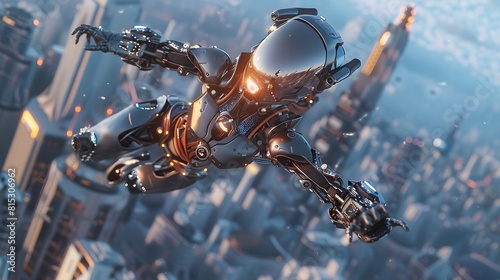 The robot or cyborg woman in the superhero iron suit is flying over a futuristic city. The character has a jetpack rocket engine and is riding a cyborg jetpack. The robot woman flies overhead © Love Muhammad