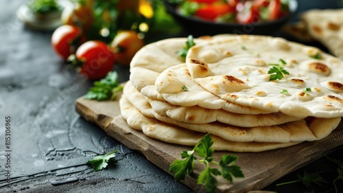 Freshly baked flatbread served on wooden board with garnish photo