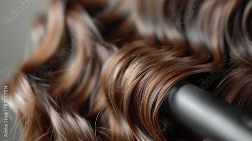 Stylist using a curling iron to create voluminous waves, adding texture and movement to hair.  photo