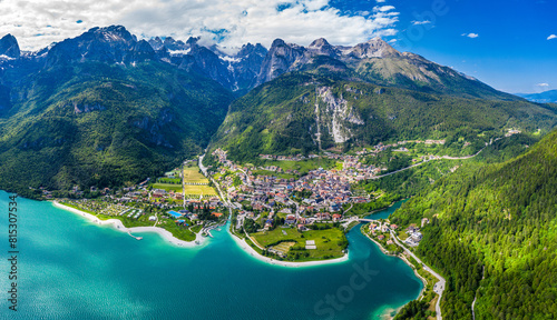 Obraz na płótnie Drone Panoramic View of Molveno Lake Surrounded by Italian Alps and Lush Greenery w salonie