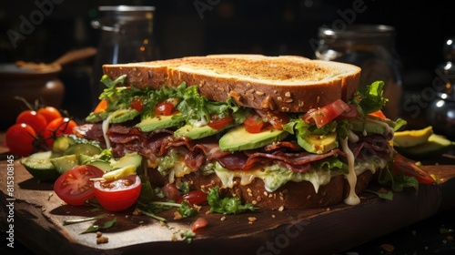 Delicious sandwich full of meat and vegetables  black and blur background