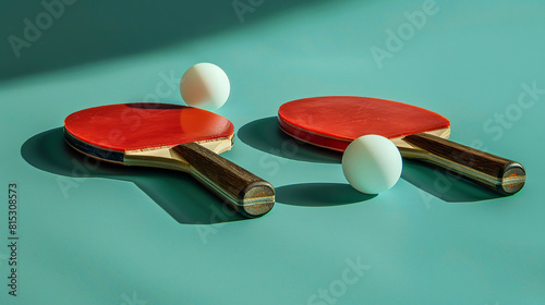 Illustration of red table tennis rackets with white balls. Red rackets and white balls on a table in green tones in a minimalist style.