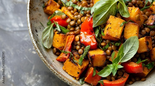Showcase a vibrant vegetarian dish with goldenhued ingredients such as roasted butternut squash, sauteed bell peppers, and turmericspiced lentils Highlight the natural colors and flavors of the ingred photo