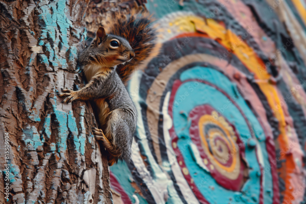 Fototapeta premium A squirrel climbs a tree adorned with vibrant street art, creating a striking blend of urban art and nature