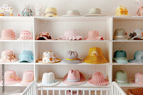 A baby's nursery adorned with shelves of neatly organized summer caps, each one waiting to be worn on sunny days, adding a touch of color and joy to the room against a white background.
