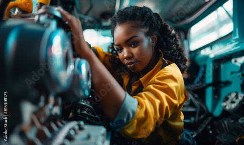 An African American female truck driver checks the engine of her vehicle, showcasing her expertise and dedication in a traditionally male-dominated field photo