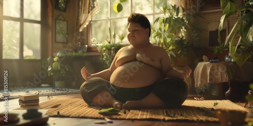 A small fat calm happy boy with a bare torso is sitting in the lotus position and doing yoga. A man is sitting cross-legged on the floor photo