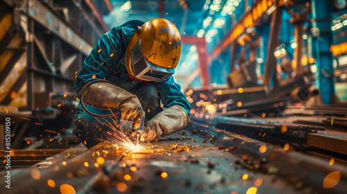 An Asian female welder works diligently in a shipyard, with sparks flying as she welds metal, showcasing her skills in a demanding profession photo