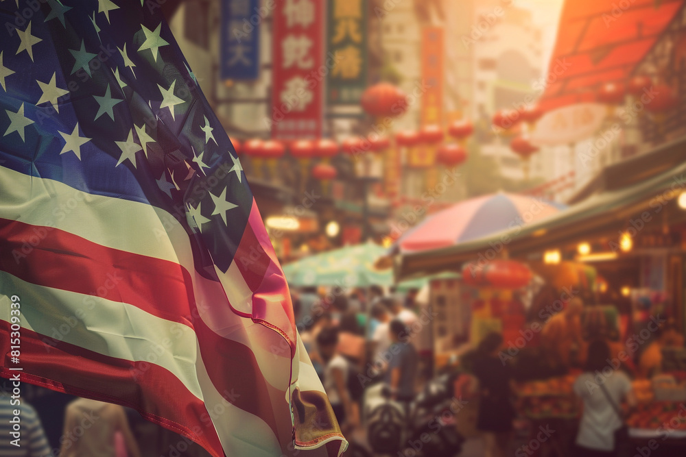 Naklejka premium Cultural fusion on Memorial Day as a praying soldier forms a vivid American flag against a bustling Asian street market backdrop.