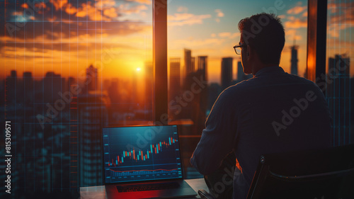 Man is working and trading stock in office with laptop in the big city and good view building outside