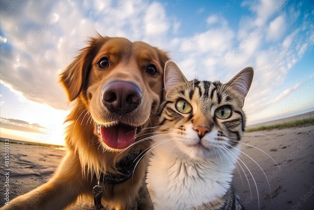 Sunny Smiles Dog and Cat Beach Selfie.