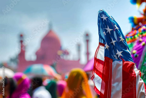 American flag praying soldier silhouette with a colorful festival backdrop in India, symbolizing Memorial Day as a world celebration. photo