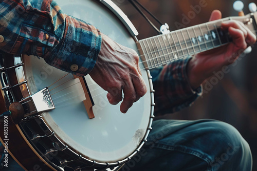 Banjo player, close up view on hand photo