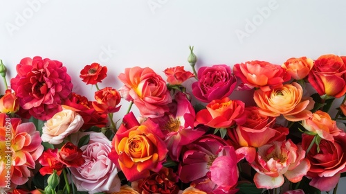 Capture the vibrancy of a colorful bouquet featuring radiant red roses set against a crisp white backdrop in a captivating close up shot