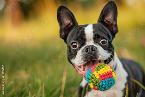 Boston Terrier, Playing fetch with a squeaky toy photo