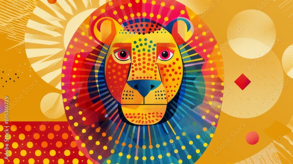 A vibrant cartoon illustration of a lion head with a polka dots texture, set against a bright yellow background in playful geometric shapes A vibrant cartoon illustration of a lion head with a polka dots texture, set against a bright yellow background in playful geometric shapes