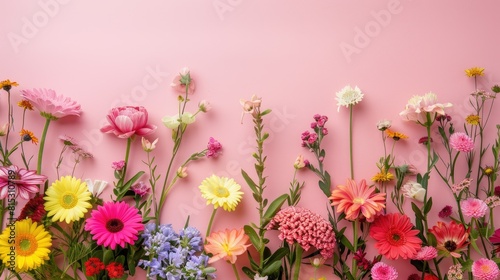 Martenitsa and Martisor among vibrant spring blooms arranged in a flat lay with a pink backdrop providing ample copy space photo