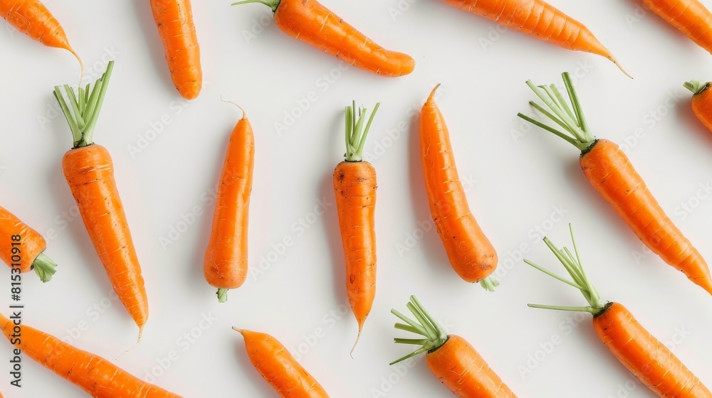 Multiple carrots laid flat in top view on a white background Multiple carrots laid flat in top view on a white background