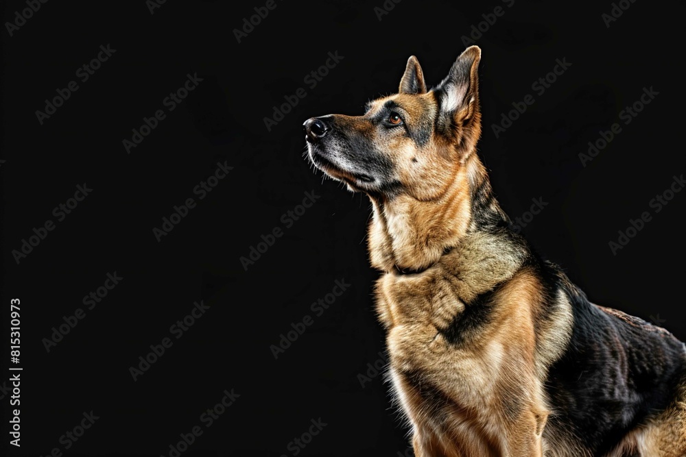 German Shepherd, Standing alert with ears perked up. Space for text