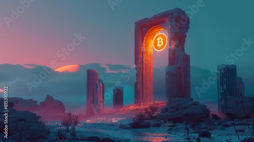 Imagine a utopian society where the principles of blockchain technology have been fully realized, with the glowing orange and black bitcoin logo adorning public monuments as a tribute to the transform photo