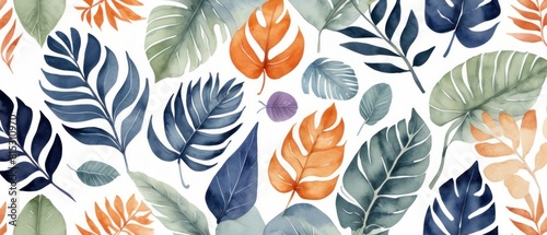 digital illustration of tropical leaves background in vibrant orange and muted blue