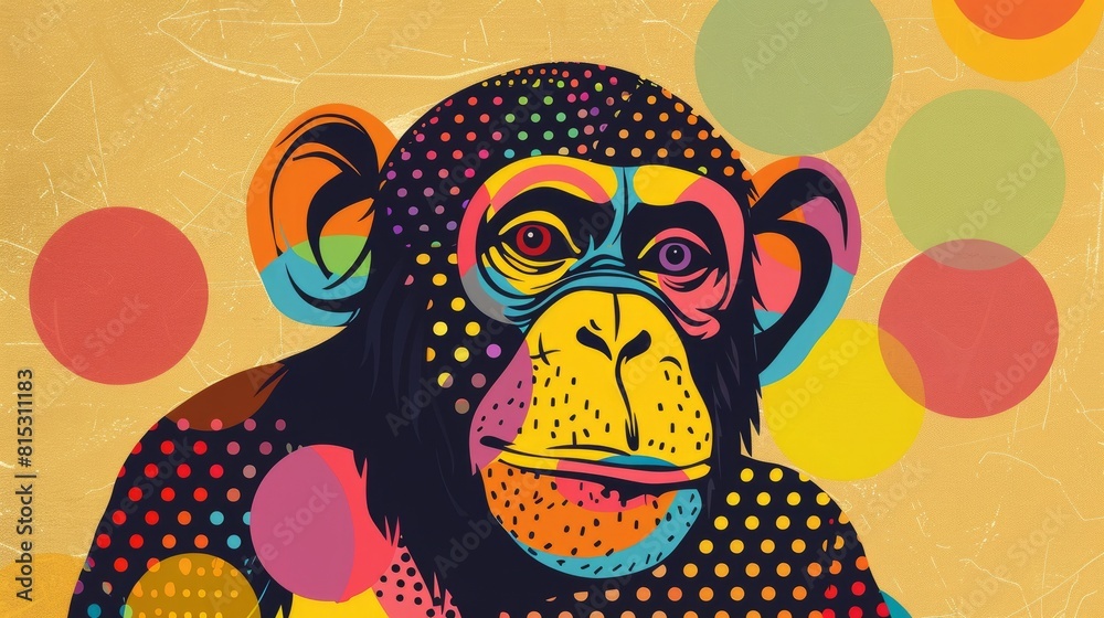 Fototapeta premium Vibrant painting of a chimpanzee in playful geometric style, adorned with polka dots, set against a bright yellow background
