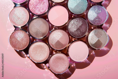 Against a solid pink background, a close-up shot of a palette of holographic eyeshadows arranged in a geometric pattern, each shadow glistening with iridescence.