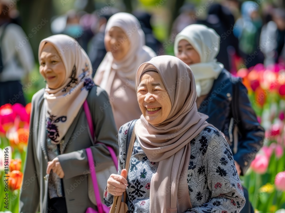 a group of malay muslim ladies walking down park during peak Spring season a group of malay muslim ladies walking down park during peak Spring season