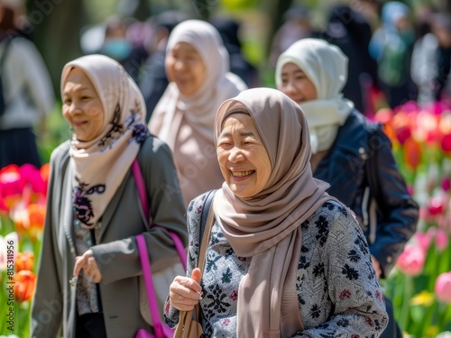 a group of malay muslim ladies walking down park during peak Spring season © ProArt Studios