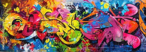 Vibrant colors come alive in this street art mural  expressing the artists creativity through a mix of text and graffiti. Full Frame 