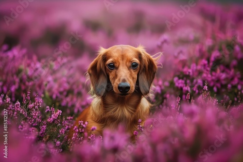adorable dachshund frolicking in vibrant purple heather field embracing joy of natures bounty