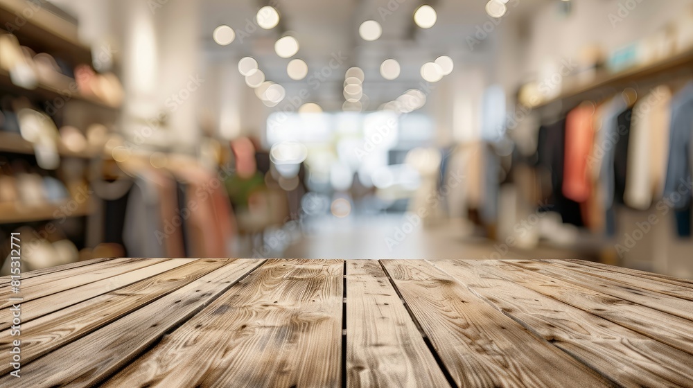 Light wooden table in a clothing store with a blurred background, copy space Light wooden table in a clothing store with a blurred background, copy space